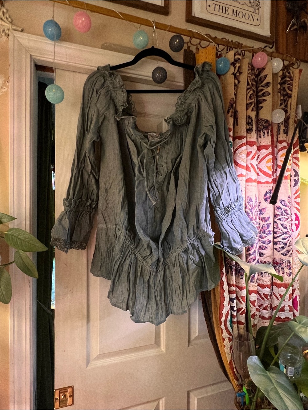 Linen boho Ruffle Peasant Top in Sage Green